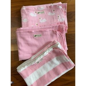 Monica and Andy Lot Of 3 Organic Cotton Muslin Blankets Swans Pink White Stripes